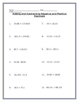 Preview of Adding and Subtracting Signed Decimals Worksheet