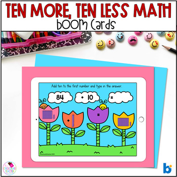 Preview of 10 More 10 Less Addition & Subtraction No Regrouping Spring Math BOOM Cards™