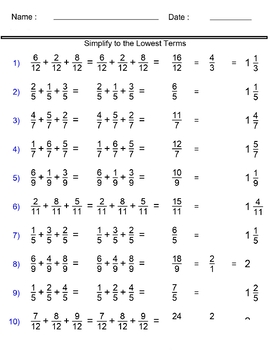 Adding and Subtracting Three Fractions - Fractions Worksheets by MATH LAMSA