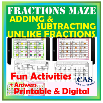 Preview of Adding and Subtracting Unlike Fractions ~ Fractions Maze Printable & Digital
