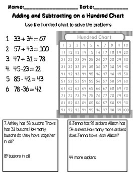 Adding and Subtracting on a Hundred Chart Quiz/Practice by Camilli ...