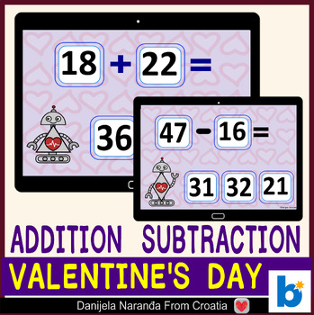 Preview of Adding and Subtracting to 50 | Love Robot Valentine's Day MATH Boom ™ Cards