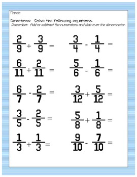 Adding and Subtracting with Like Denominators Activity Bundle by Jess25