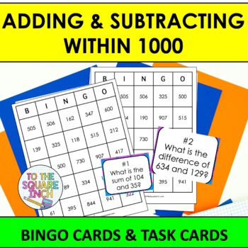Preview of Adding & Subtracting within 1000 Bingo Game | Task Cards | Whole Class Activity