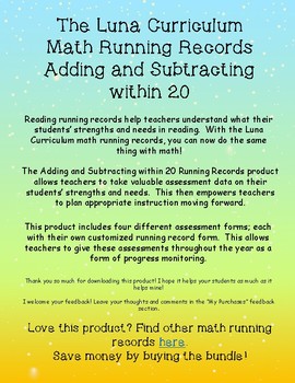 Preview of FREEBIE Adding and Subtracting within 20 - Math Running Record