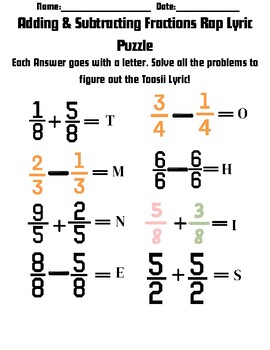 Preview of Adding and Subtraction Fractions Lyric Puzzle