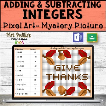Preview of Thanksgiving Adding and subtracting Integers Pixel Art mystery Picture