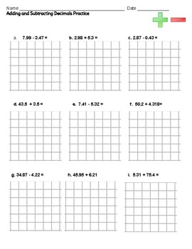 adding and subtracting decimals practice worksheet with grid tpt