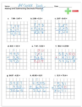 adding and subtracting decimals practice worksheet with grid tpt