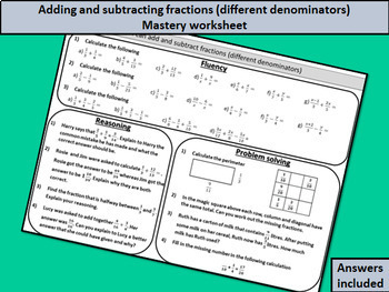 Preview of Adding and subtracting fractions (different denominators) - mastery worksheet