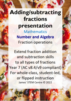 Preview of Adding and subtracting fracts presentation (editable) - AC Year 7 Maths - NumAlg