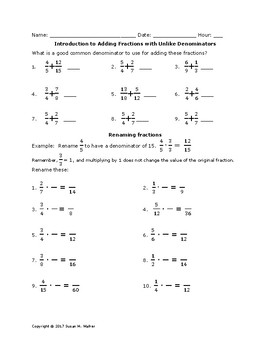 Preview of Adding fractions with unlike denominators - scaffolded worksheet