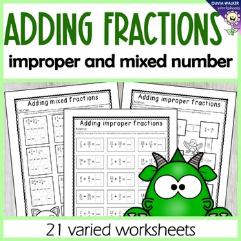 Preview of Adding improper and mixed fractions with the same denominator worksheets