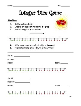 Preview of Adding or Subtracting Integers Dice Game