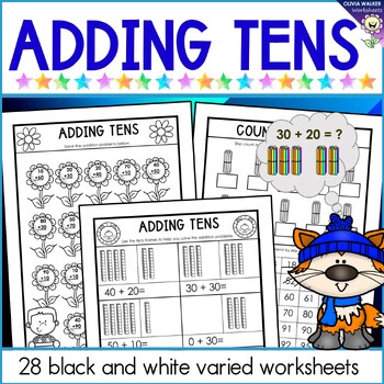 Preview of Adding tens onto two digit numbers, varied worksheets for grade one