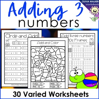 Preview of Adding three numbers worksheets and printables - make ten first for grade one