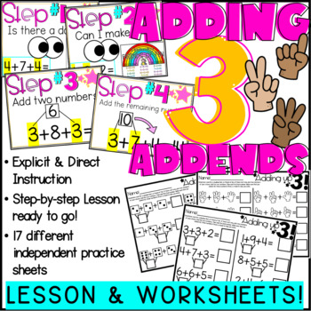 Preview of Adding with 3 Addends LESSON + WORKSHEETS | PRINT + DISTANCE LEARNING | EDITABLE
