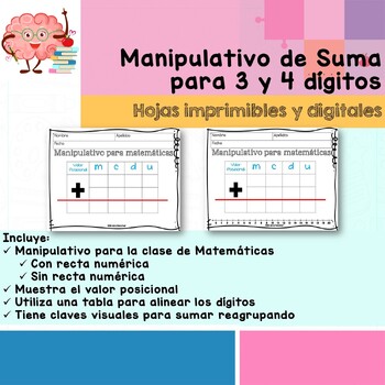 Preview of Adding with 3 and 4 digits:Graphic Organizer/ Org. Gráfico para suma SPANISH