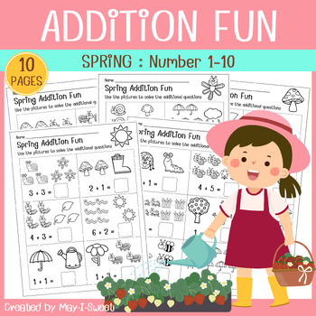 Preview of Adding with Pictures Worksheets | Spring Counting 1-10