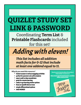 Preview of Adding with eleven! Quizlet Sets Links & Passwords, Term Lists, & Flashcards