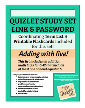 Preview of Adding with five! Quizlet Sets Links & Passwords, Term Lists, & Flashcards