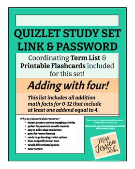 Preview of Adding with four! Quizlet Sets Links & Passwords, Term Lists, & Flashcards