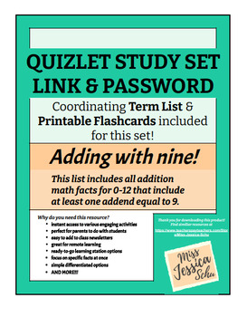 Preview of Adding with nine! Quizlet Sets Links & Passwords, Term Lists, & Flashcards