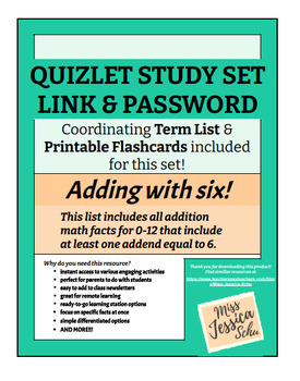 Preview of Adding with six! Quizlet Sets Links & Passwords, Term Lists, & Flashcards