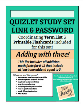 Preview of Adding with three! Quizlet Sets Links & Passwords, Term Lists, & Flashcards