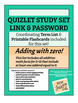 Preview of Adding with zero! Quizlet Sets Links & Passwords, Term Lists, & Flashcards