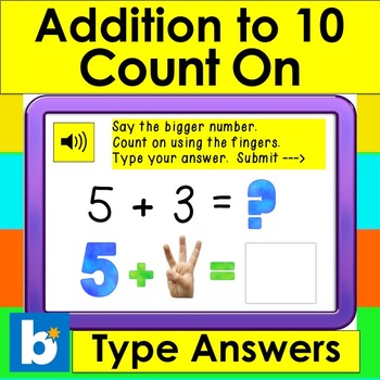 Preview of Boom Cards Math Addition to 10: Counting On - Type the Answer - With Sound!