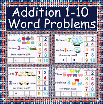 Preview of Addition 1-10 Word Problems - Digital Interactive Drag and Drop Google Slides™