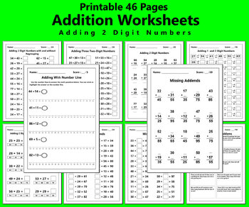 Preview of Addition 2 Digit Numbers Worksheets Printable 46 PDF Pages Instant Download