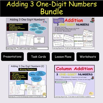 Preview of Addition 3 Single or One Digit Equations Missing Addends Task Cards BUNDLE