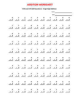 addition 5 minute drilltest v 10 math worksheets with answers