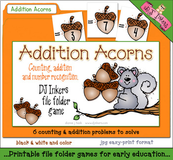 Preview of Addition Acorns File Folder Game - Counting, Numbers, Addition