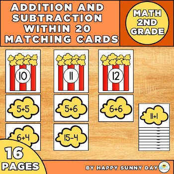Preview of Addition And Subtraction Within 20 Popcorn Matching Cards for 1-2 Grade