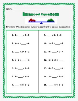 Preview of Addition Balanced Equations - Equal Sides of the Equation- 32 Equations