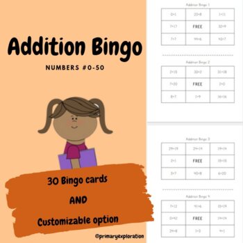 Preview of Addition Bingo Math Game with Numbers 0 - 50 for Primary