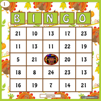 Addition Bingo- Thanksgiving Edition by Teachers in the RV | TPT