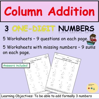 addition column addition adding 3 numbers worksheets tpt