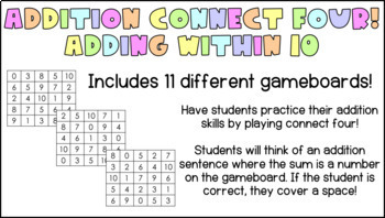 Preview of Addition Connect Four - Adding Within 10
