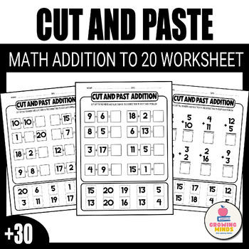 Preview of Addition Cut and Paste to 20 Worksheets-Math centers-Math addition worksheet