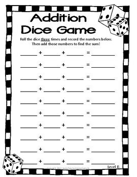 addition dice game 4 versions addition game printable tpt