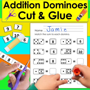 Preview of Addition Dominoes to 10 Printable Cut and Glue Color Blackline