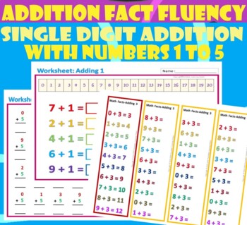 Preview of Addition Fact Fluency with numbers 1 to 5 – Flash cards, Task cards, Worksheets.