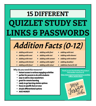 Preview of Addition Facts (0-12): Quizlet Sets Links & Passwords