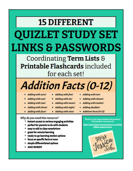 Preview of Addition Facts (0-12): Quizlet Sets Links & Passwords, Term Lists, & Flashcards