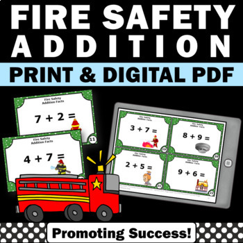 Preview of Addition Facts Practice Games Task Cards Fire Safety Week Math Activities Center