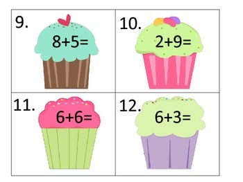 Addition Facts Review--center and worksheets--Cupcake Theme by Virginia